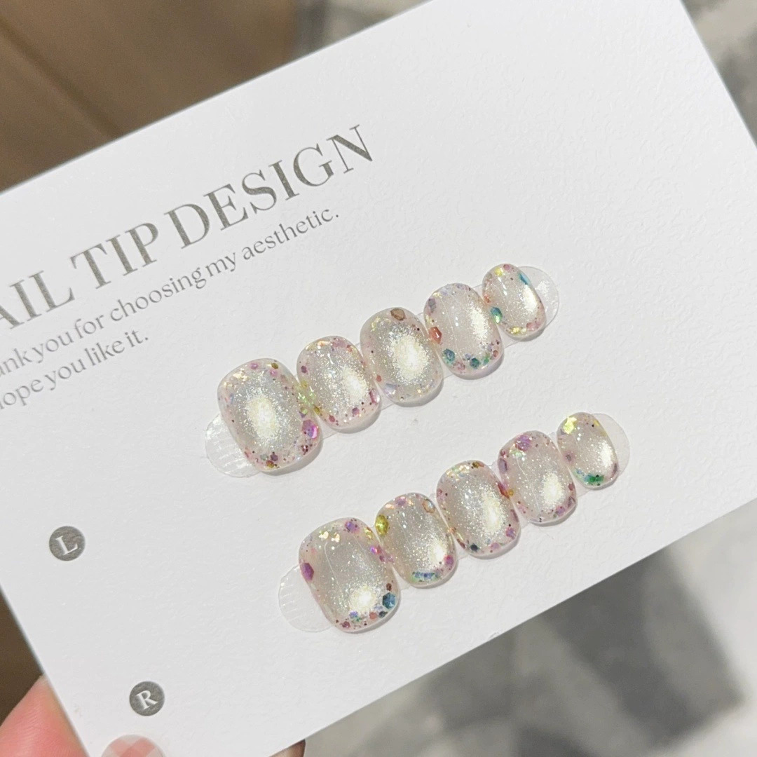 Nail Art Press On - 10개입 짧은 여름 컬러풀 젬스톤 가짜