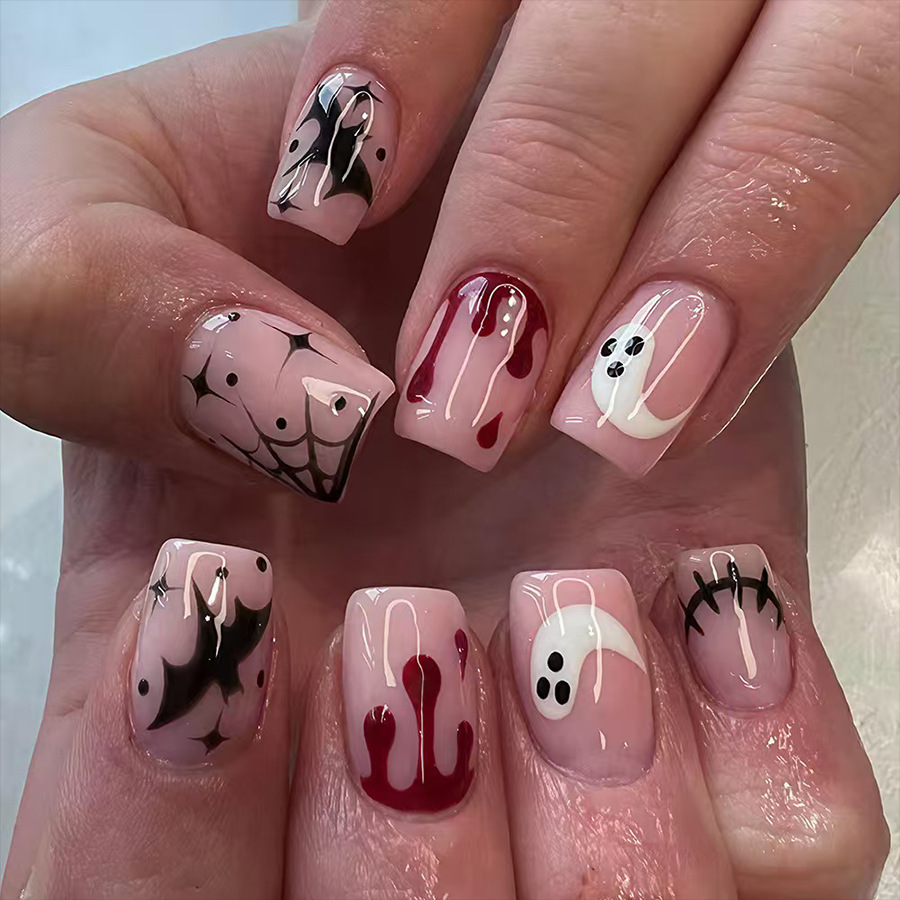 할로윈 네일 프레스온 24개 짧은 스퀘어 누드 컬러 가 - Nail Art Press On 리뷰 및 가격