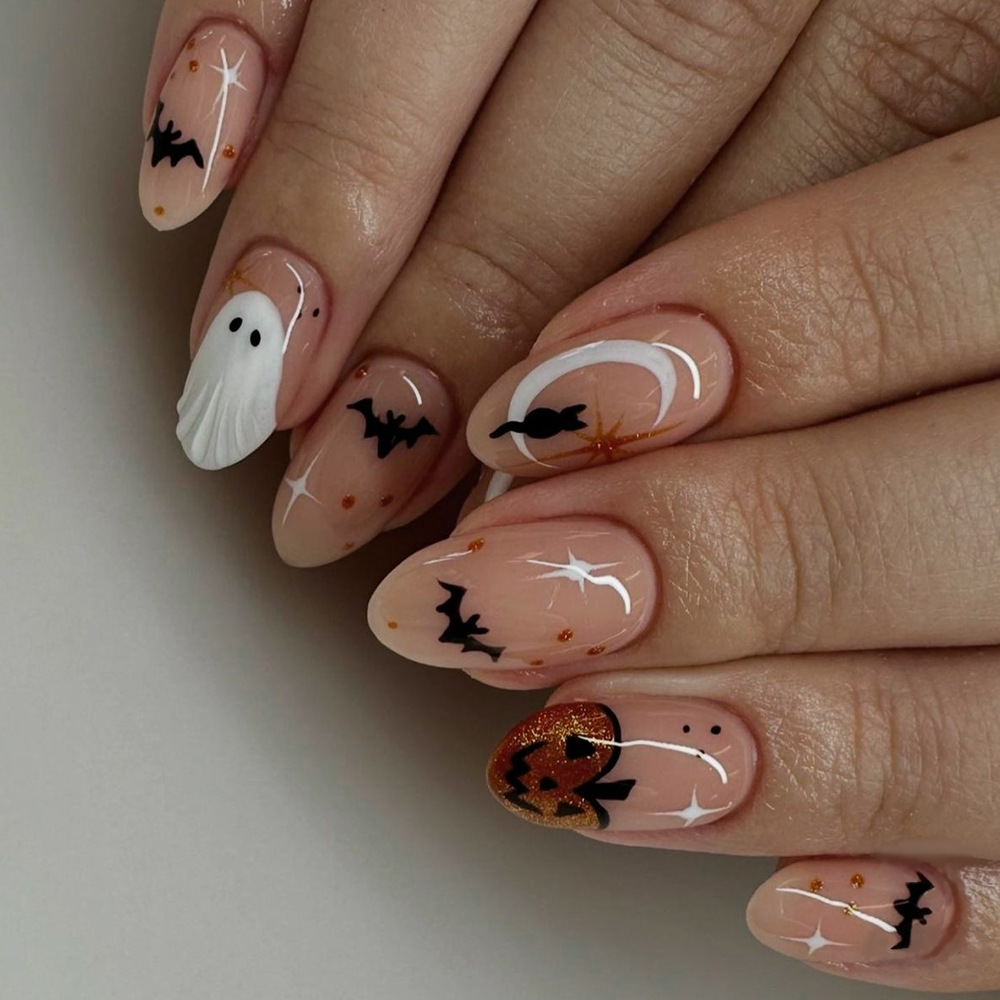 24개 심플 아몬드 프레스온 네일 귀여운 흰색 유령 박 - Nail Art Press On 리뷰 및 가격